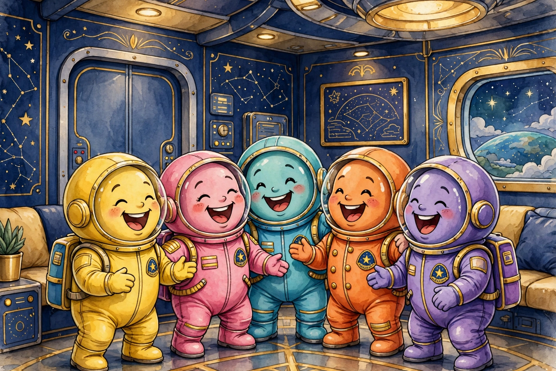 Funny Among Us names, colorful crew laughing in a spaceship lobby