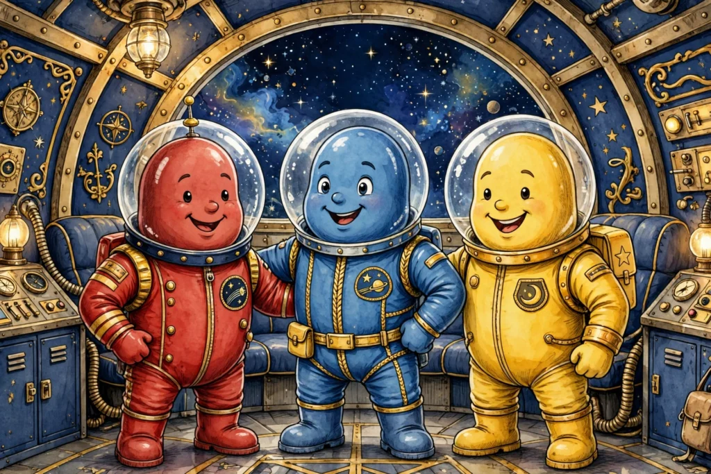 Funny Among Us names, colorful space crew in a spaceship.