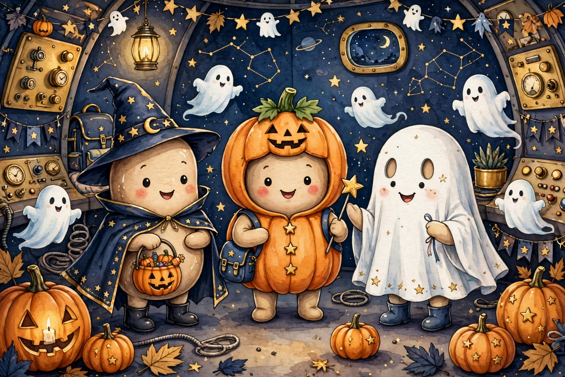 Halloween Among Us names, crew in Halloween costumes with pumpkins and ghosts in a spaceship