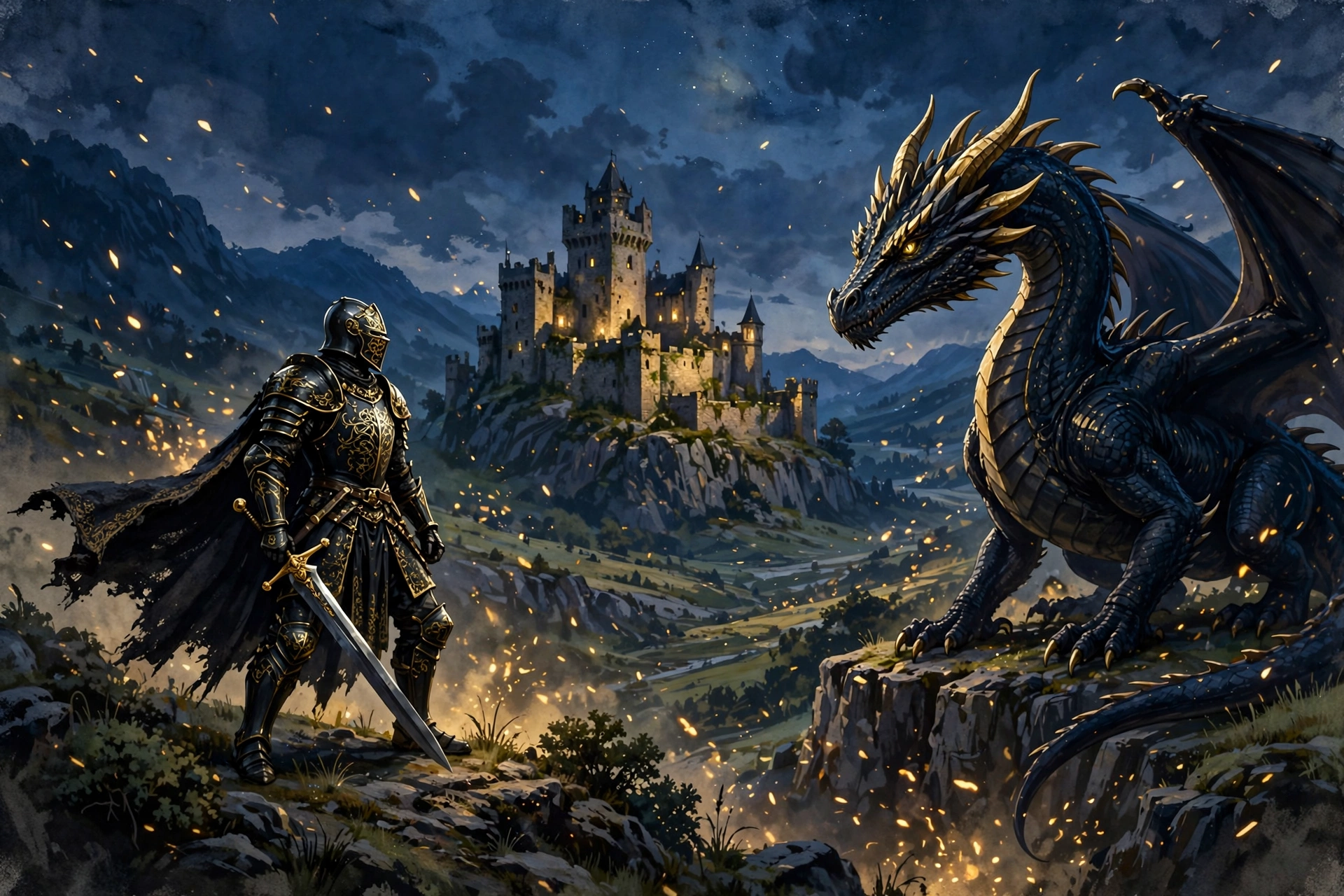 Fantasy male names, a dark knight with a sword facing a dragon before a castle