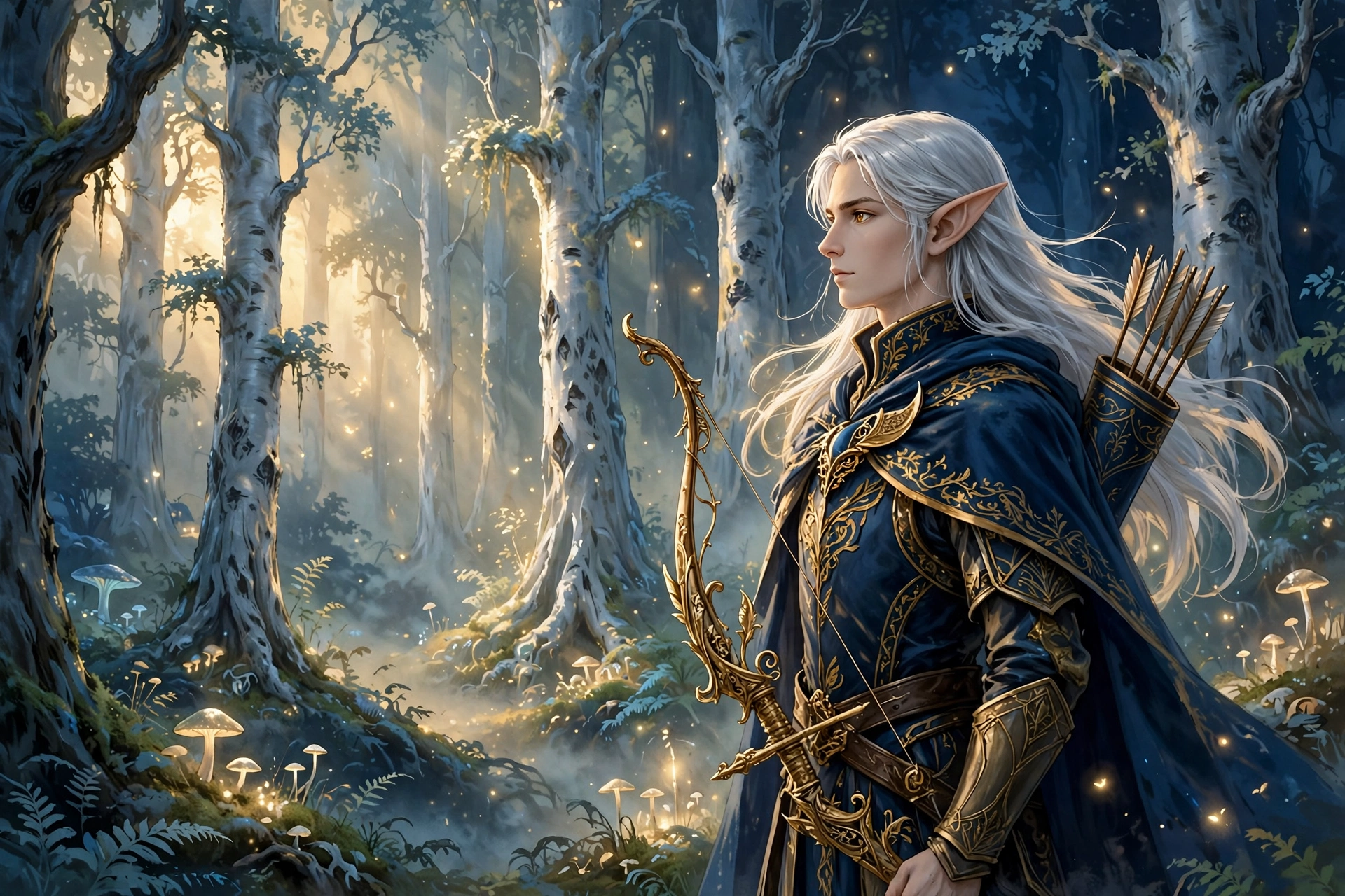 Fantasy male names, an elf prince archer with a golden bow in an ancient forest