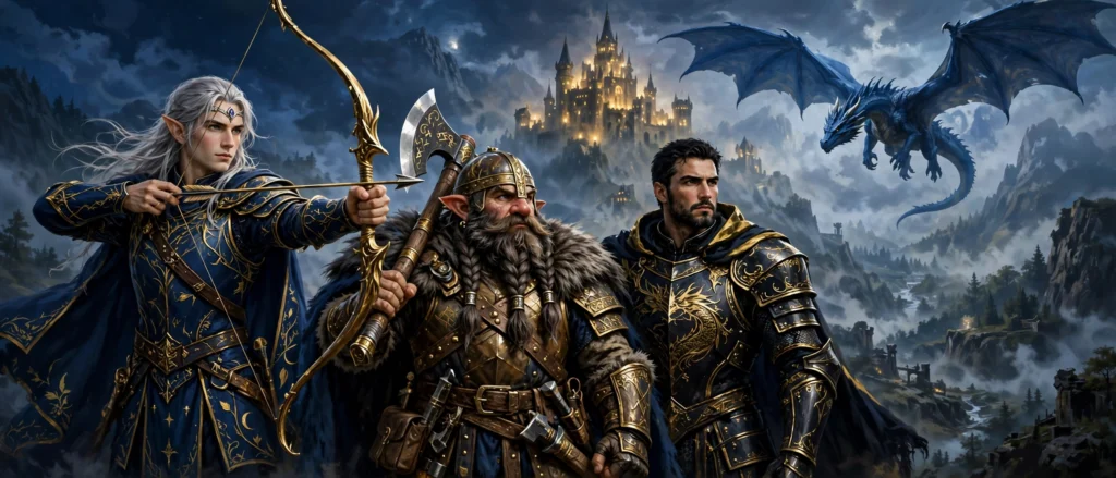 Fantasy male names — an elf archer, a dwarf warrior and a dark knight with a dragon and castle