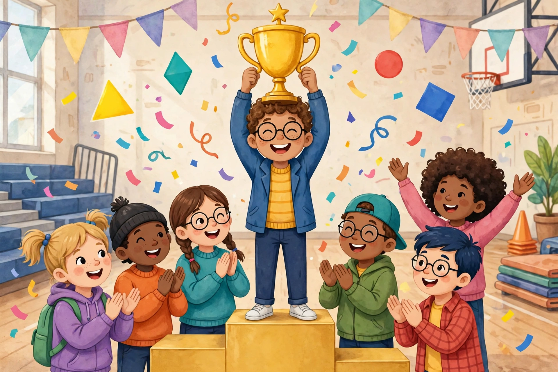 Funny Kahoot names, a quiz winner on the podium holding a gold trophy