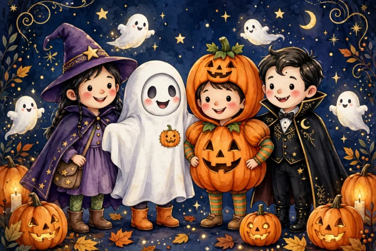 Halloween names, friends in Halloween costumes with pumpkins and ghosts.