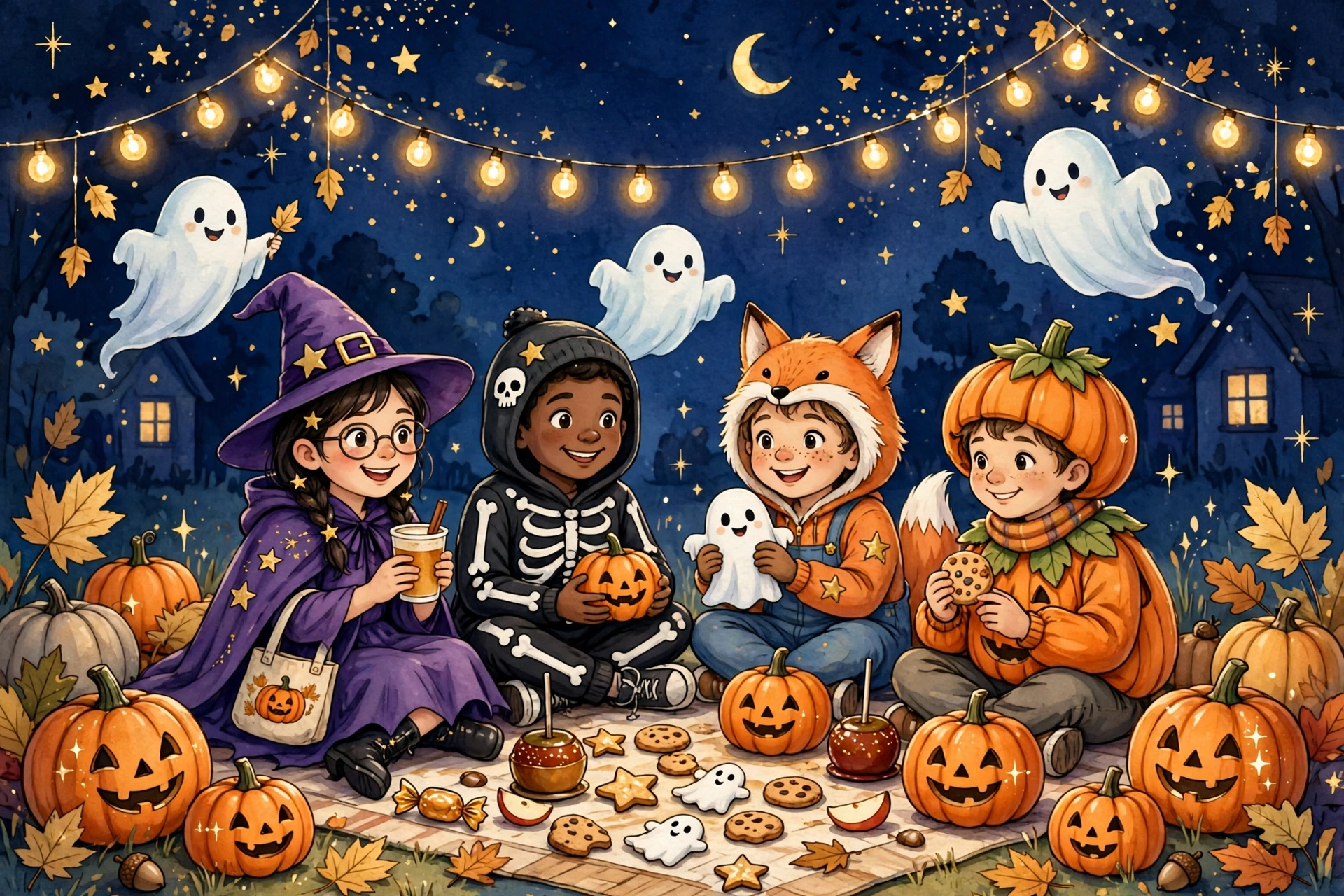 Halloween party names, friends in costumes at a Halloween party with pumpkins and ghosts