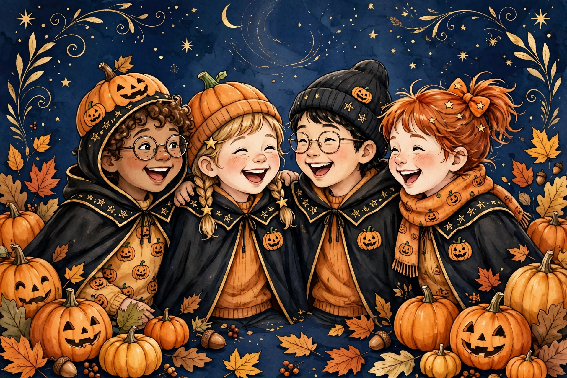Halloween team names, friends in matching costumes laughing with pumpkins