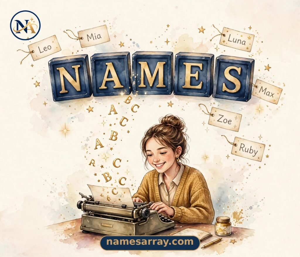 NAMES letter blocks and a woman typing names on a vintage typewriter for funny names, cool usernames and mystical names