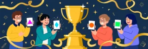 Funny Kahoot names — students playing a quiz game on their phones around a gold trophy