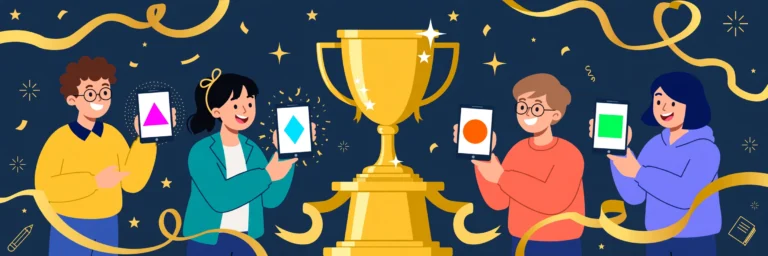 Funny Kahoot names — students playing a quiz game on their phones around a gold trophy